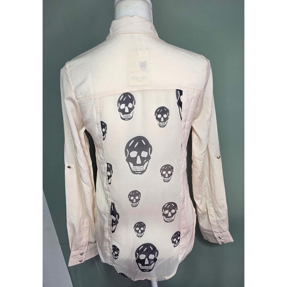 NEW!! Pink Owl Blouse SIZE S Skull Novelty Roll Tab Sleeve Chiffon Tunic Top - Picture 3 of 6
